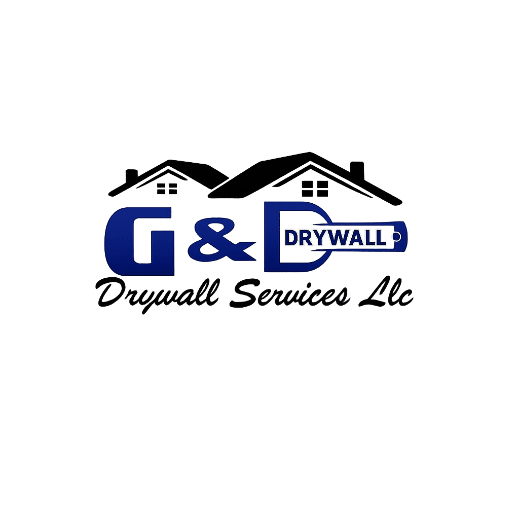 G&D Drywall Services Llc logo with blue lettering, house silhouettes, and a drywall taping knife.